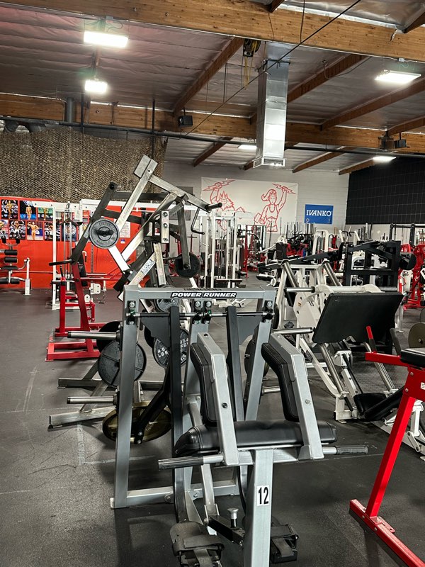 A row of plate-loaded strength machines.